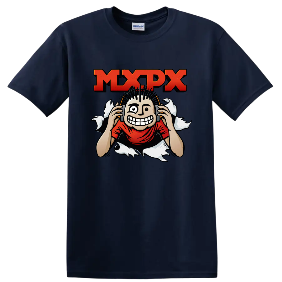 MxPx punk rock graphic with distressed lettering and grinning mohawk character on a Navy (Blue) T Shirt