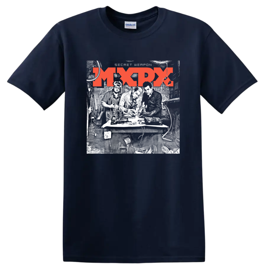 Distressed red MxPx punk rock band logo graphic on a Navy (Blue) T Shirt