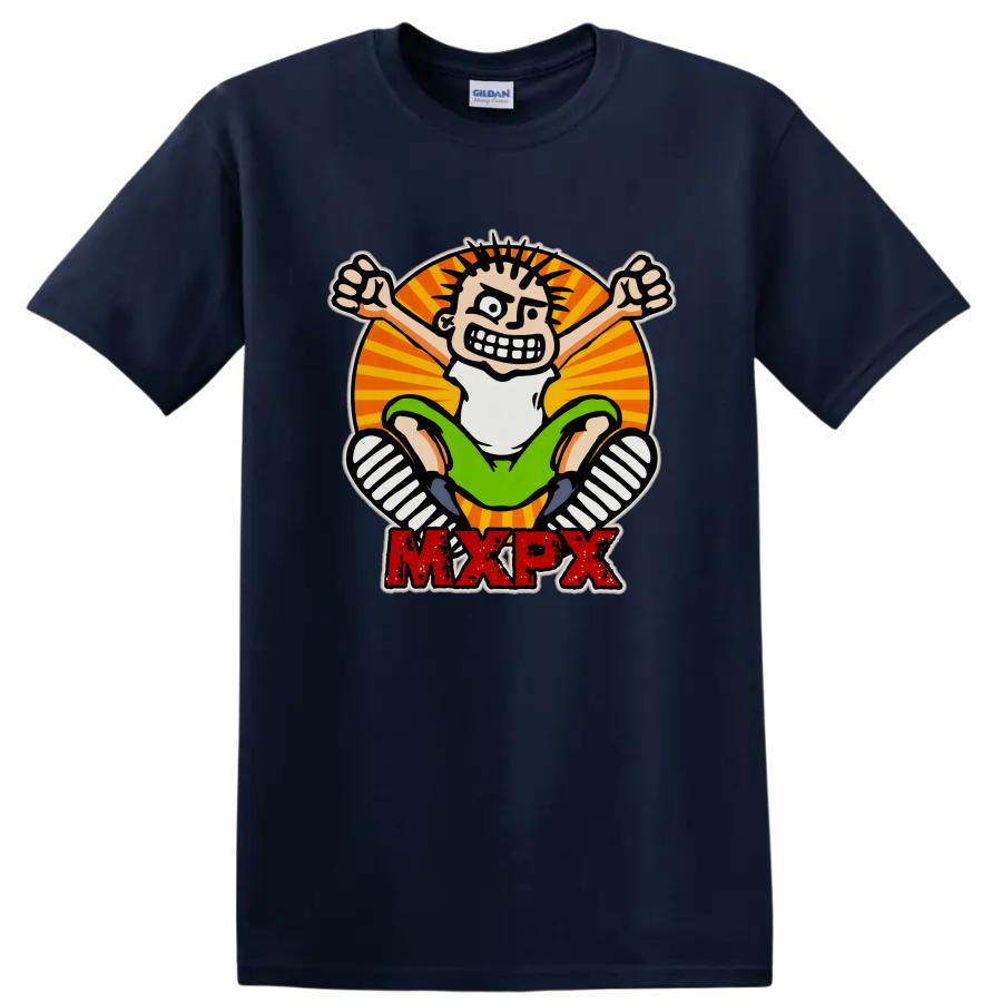 MxPx punk rock cartoon skateboard graphic with distressed red lettering on a Navy (Blue) T Shirt