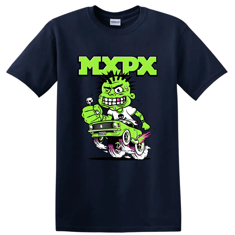 MxPx punk rock cartoon car graphic with green character on a Navy (Blue) T Shirt