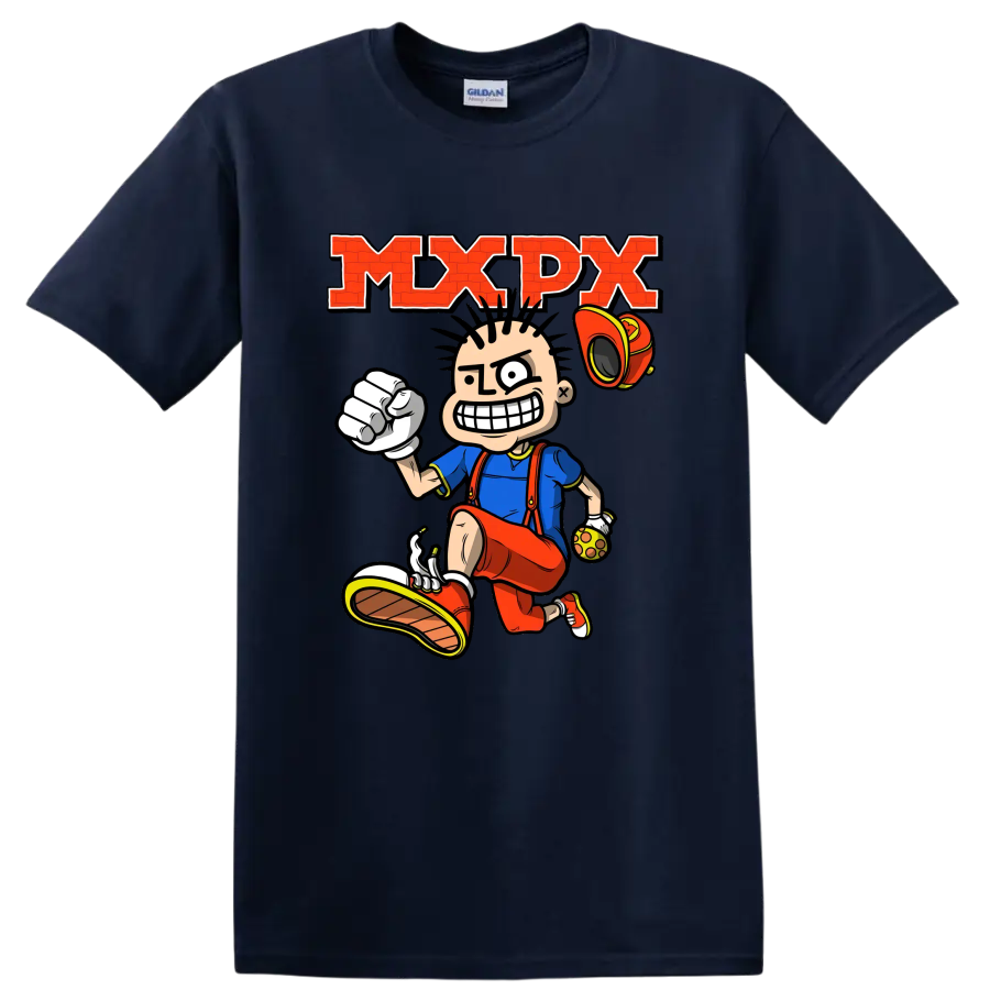 MxPx punk rock cartoon skateboarder graphic with bold red lettering on a Navy (Blue) T Shirt