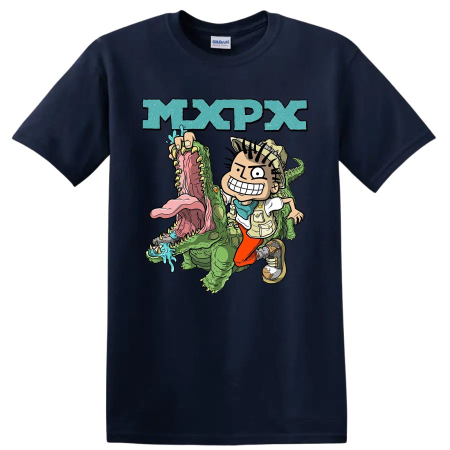 MxPx cartoon punk rock design with character riding a green crocodile on a Navy (Blue) T Shirt