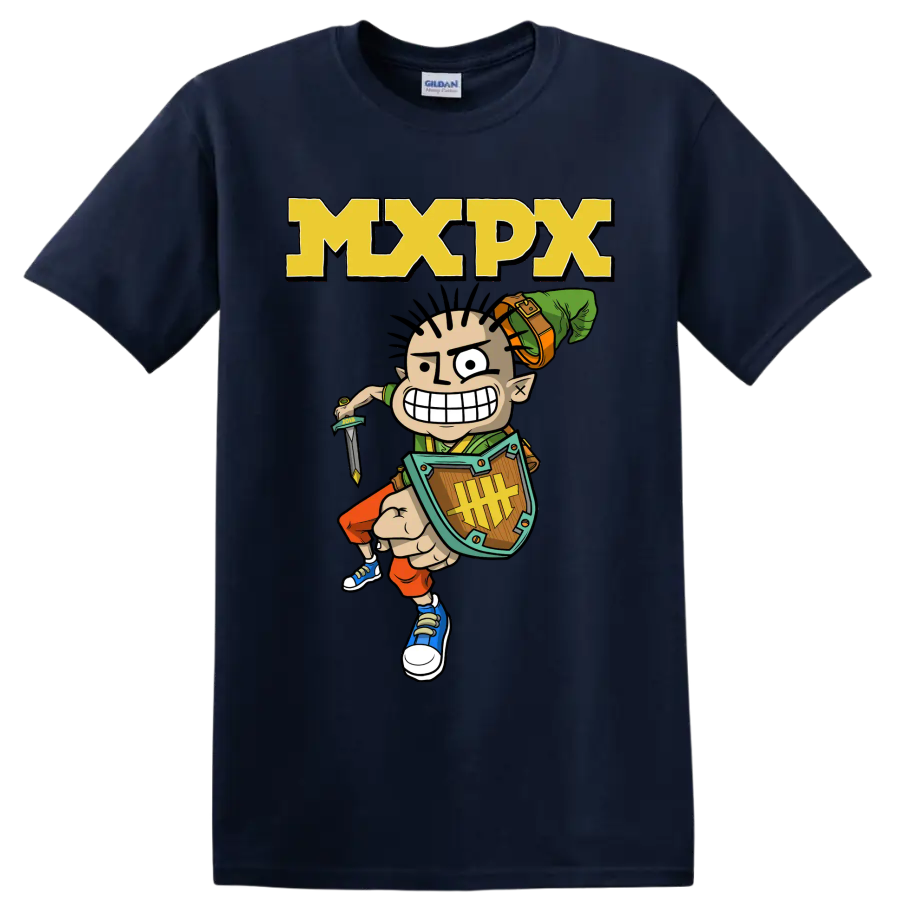 MxPx cartoon warrior punk rock graphic with bold MXPX lettering on a Navy (Blue) T Shirt