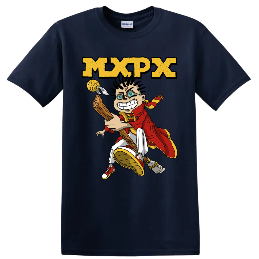 MxPx punk rock cartoon character graphic with distressed logo on a Navy (Blue) T Shirt