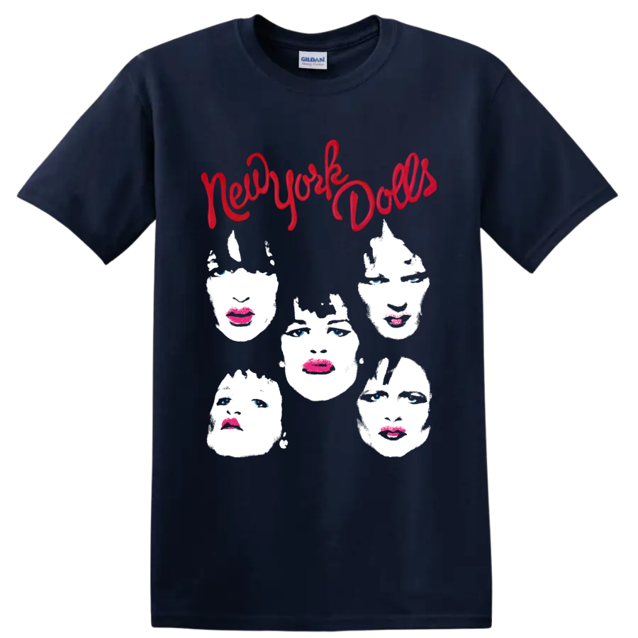 New York Dolls punk rock graphic with red script and five stylized faces on a Navy (Blue) T Shirt