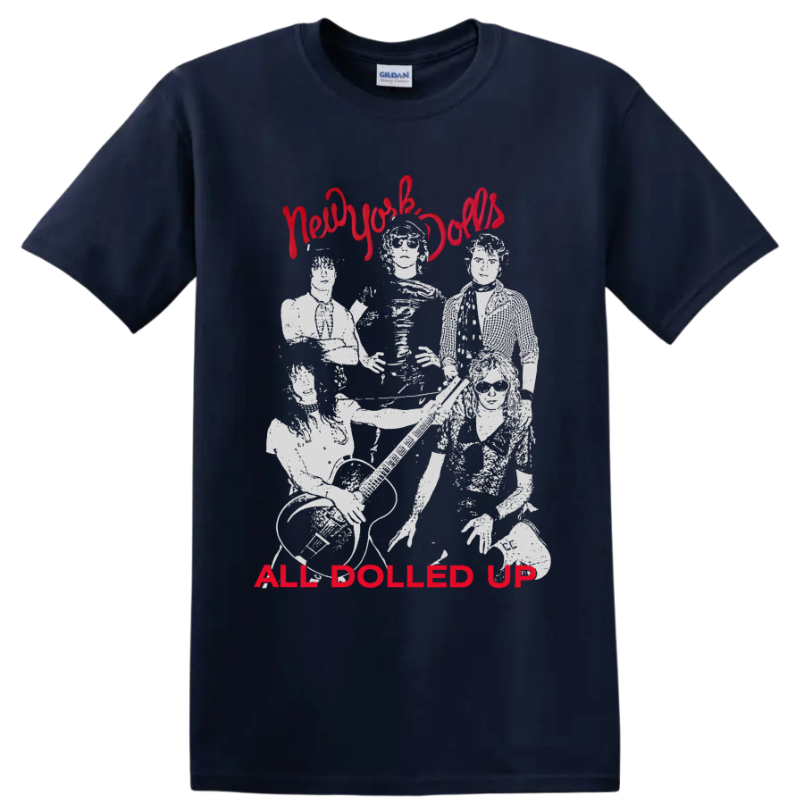 New York Dolls punk rock band portrait with All Dolled Up text on a Navy (Blue) T Shirt