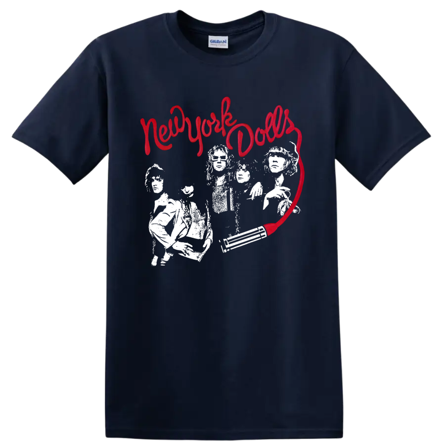 New York Dolls punk rock graphic with red script and white performers on a Navy (Blue) T Shirt