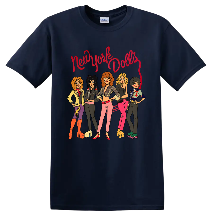 New York Dolls illustrated punk rock band graphic with red script lettering on a Navy (Blue) T Shirt
