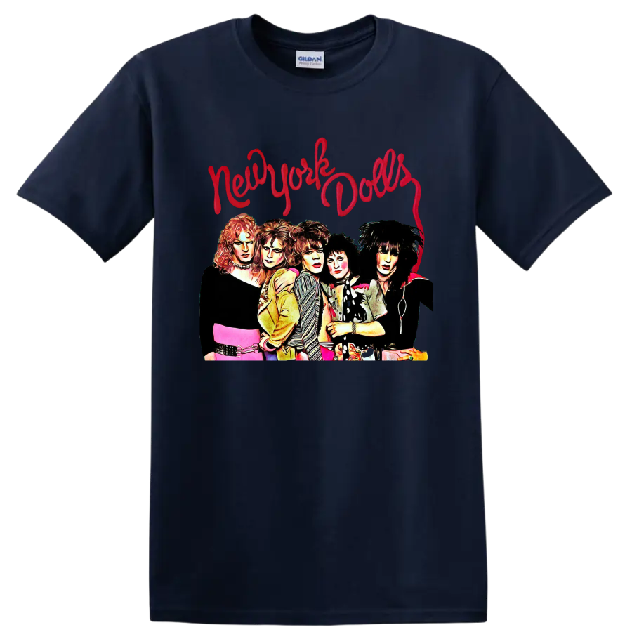 New York Dolls punk rock group portrait with red script lettering on a Navy (Blue) T Shirt