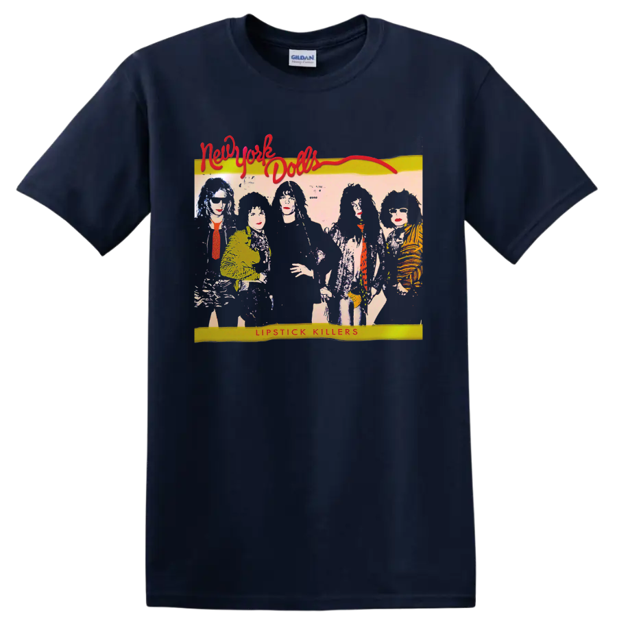 New York Dolls illustrated punk band graphic with Lipstick Killers text on a Navy (Blue) T Shirt