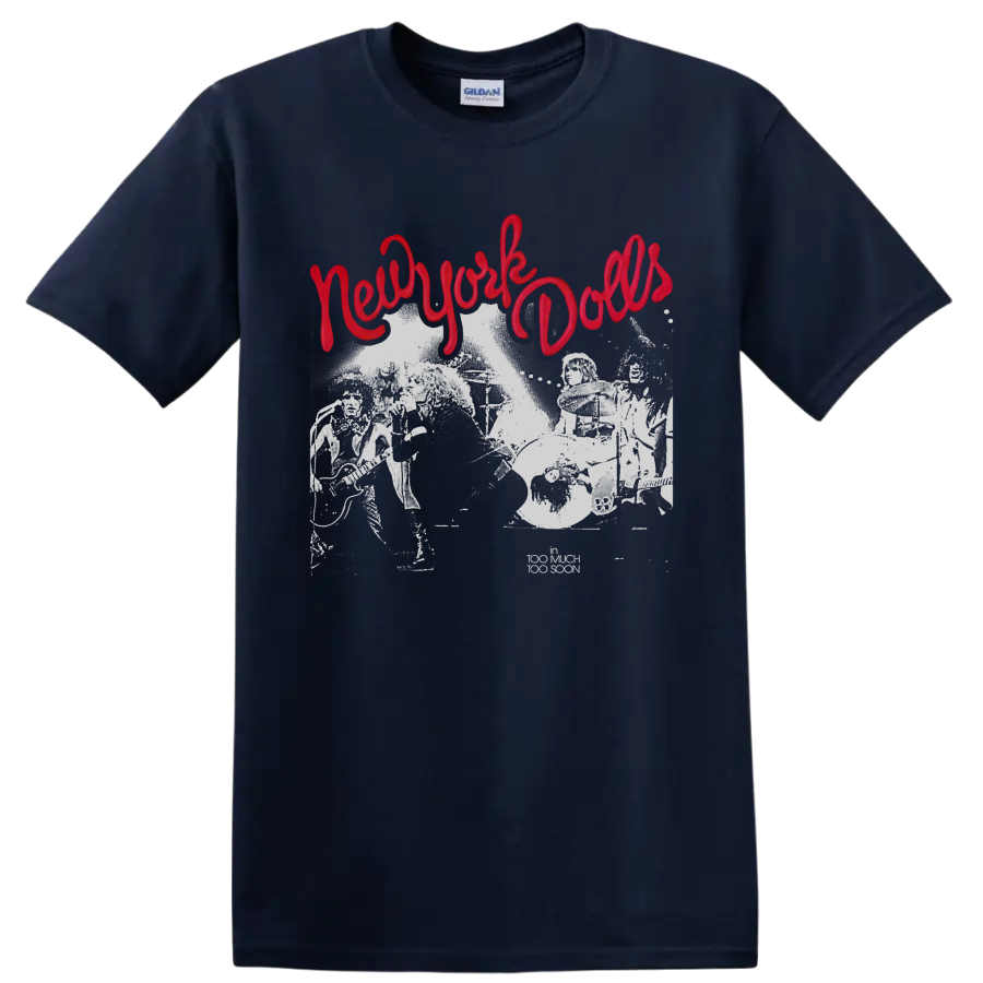 New York Dolls distressed punk rock graphic with red script lettering on a Navy (Blue) T Shirt