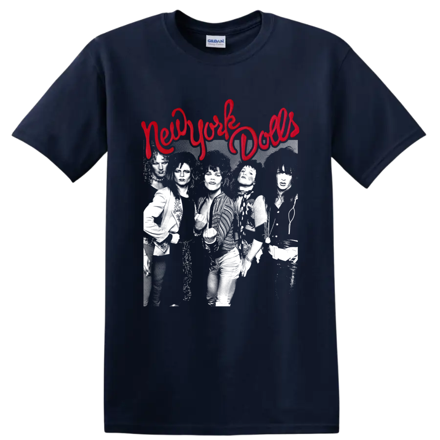 New York Dolls punk rock graphic with red script and band photo on a Navy (Blue) T Shirt