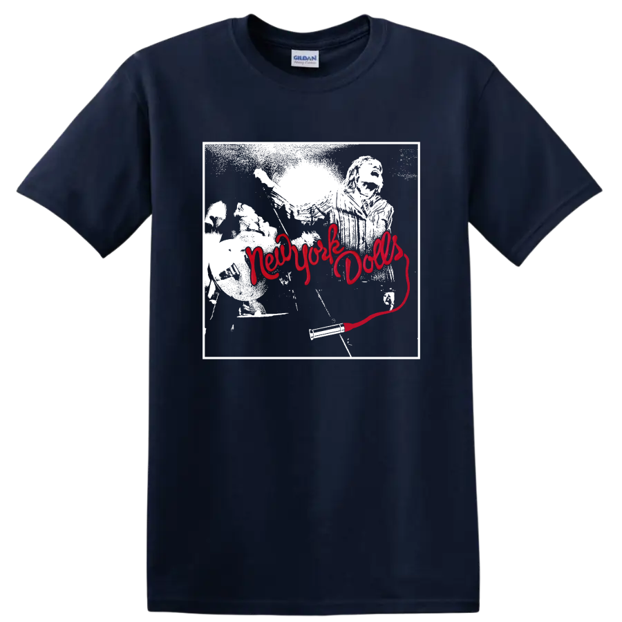 New York Dolls punk rock band portrait with bold red script graphic on a Navy (Blue) T Shirt
