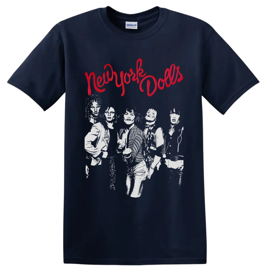 New York Dolls distressed punk rock band graphic with red script lettering on a Navy (Blue) T Shirt