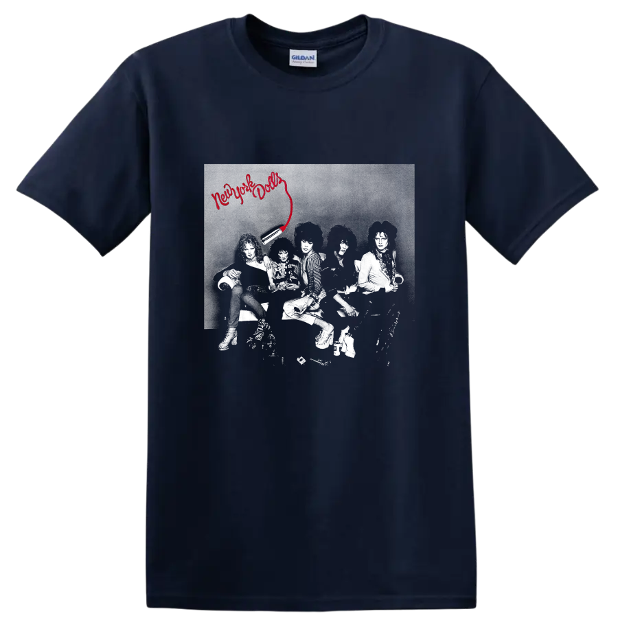 New York Dolls punk rock graphic with red script and band photo on a Navy (Blue) T Shirt