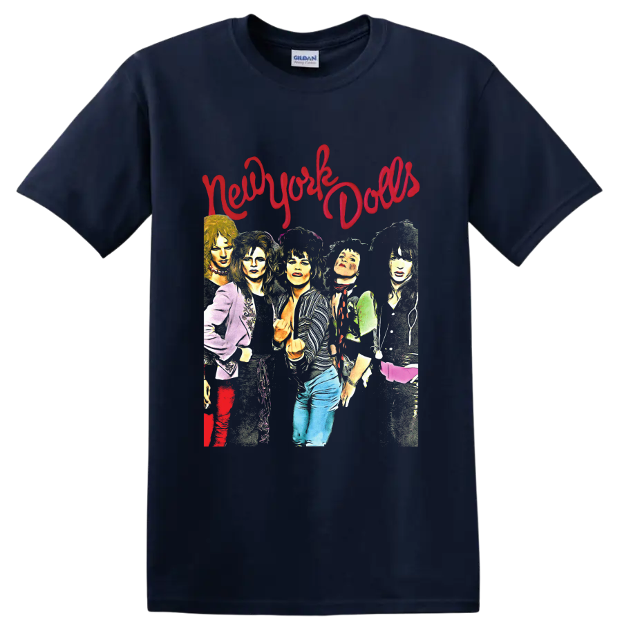 New York Dolls colorful punk rock band portrait with red script lettering on a Navy (Blue) T Shirt