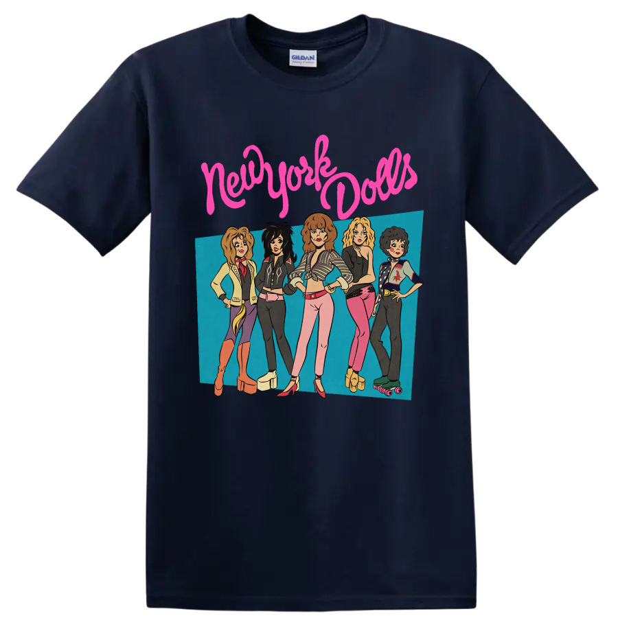 New York Dolls punk rock band graphic with five performers and pink lettering on a Navy (Blue) T Shirt