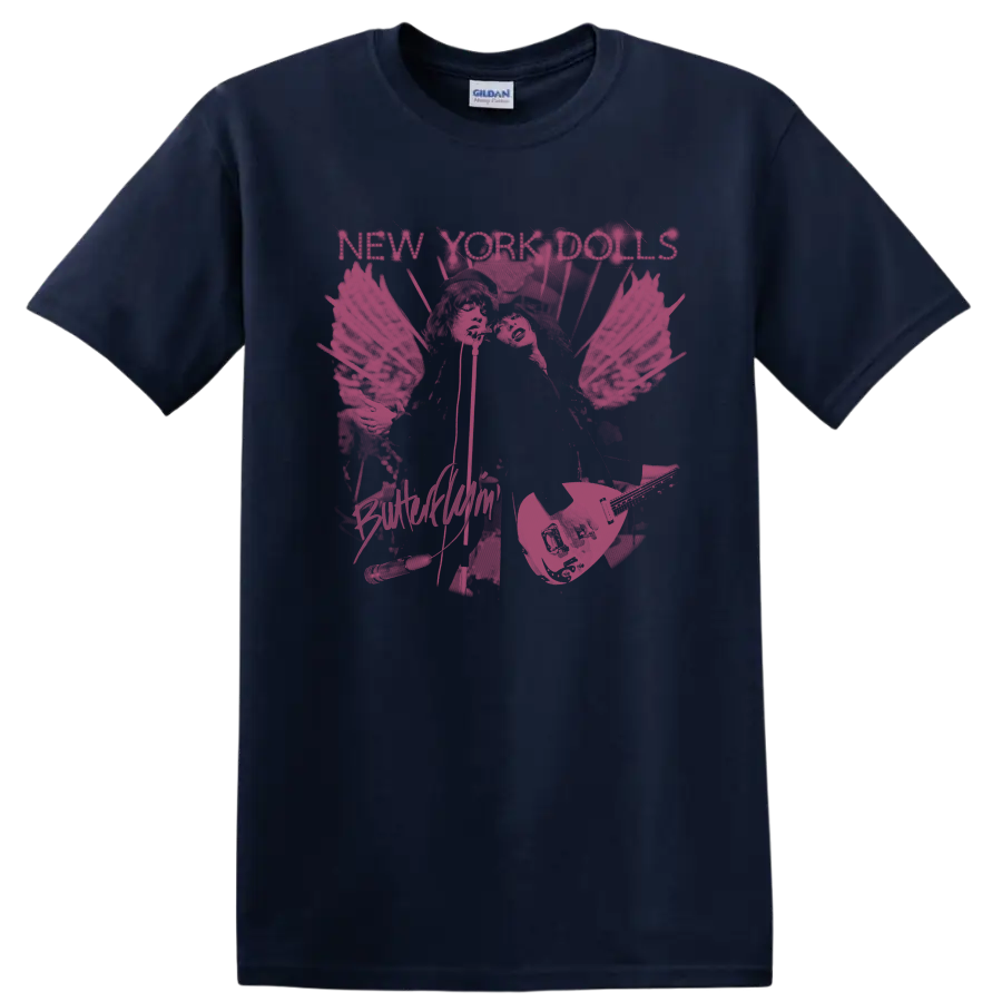 New York Dolls distressed punk rock graphic with illustrated figures and guitars on a Navy (Blue) T Shirt