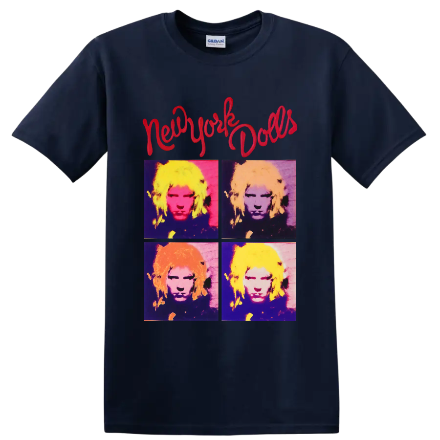 New York Dolls four-panel pop art portrait with red script lettering on a Navy (Blue) T Shirt