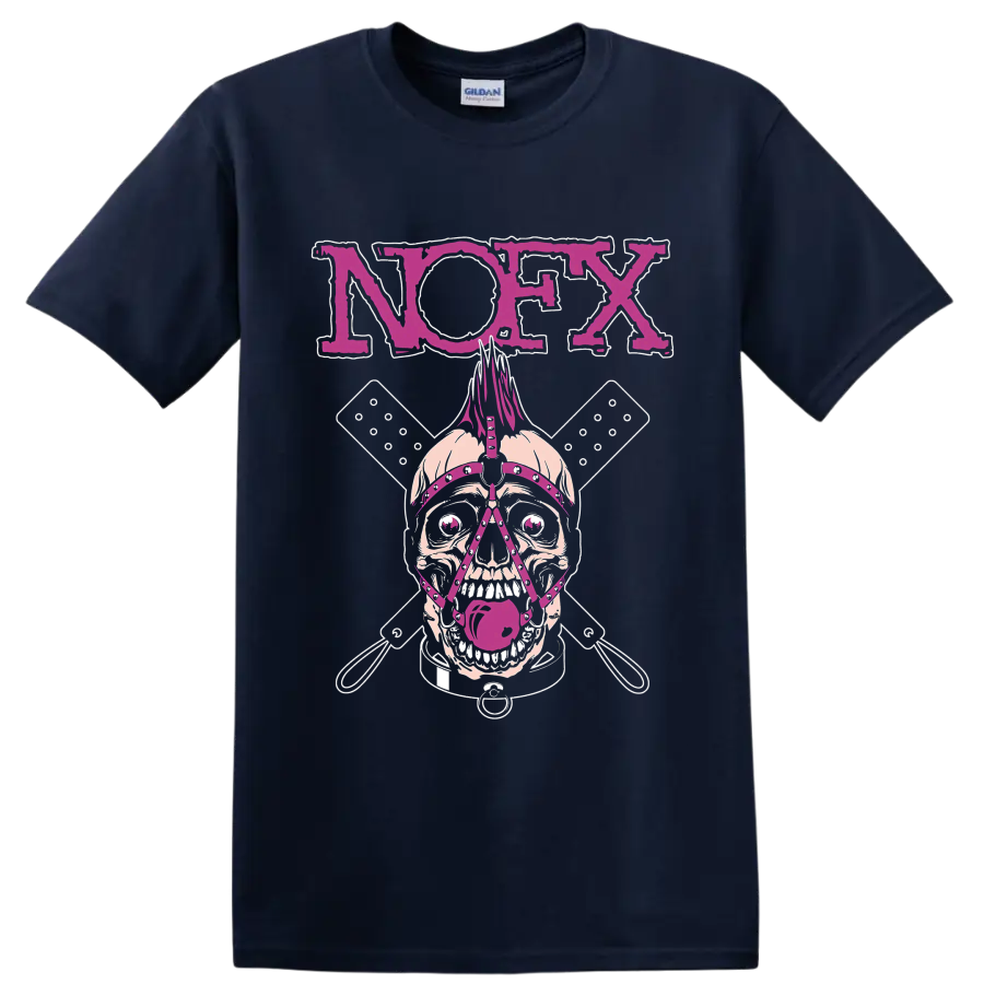 NOFX punk rock skull graphic with magenta lettering and crossed elements on a Navy (Blue) T Shirt