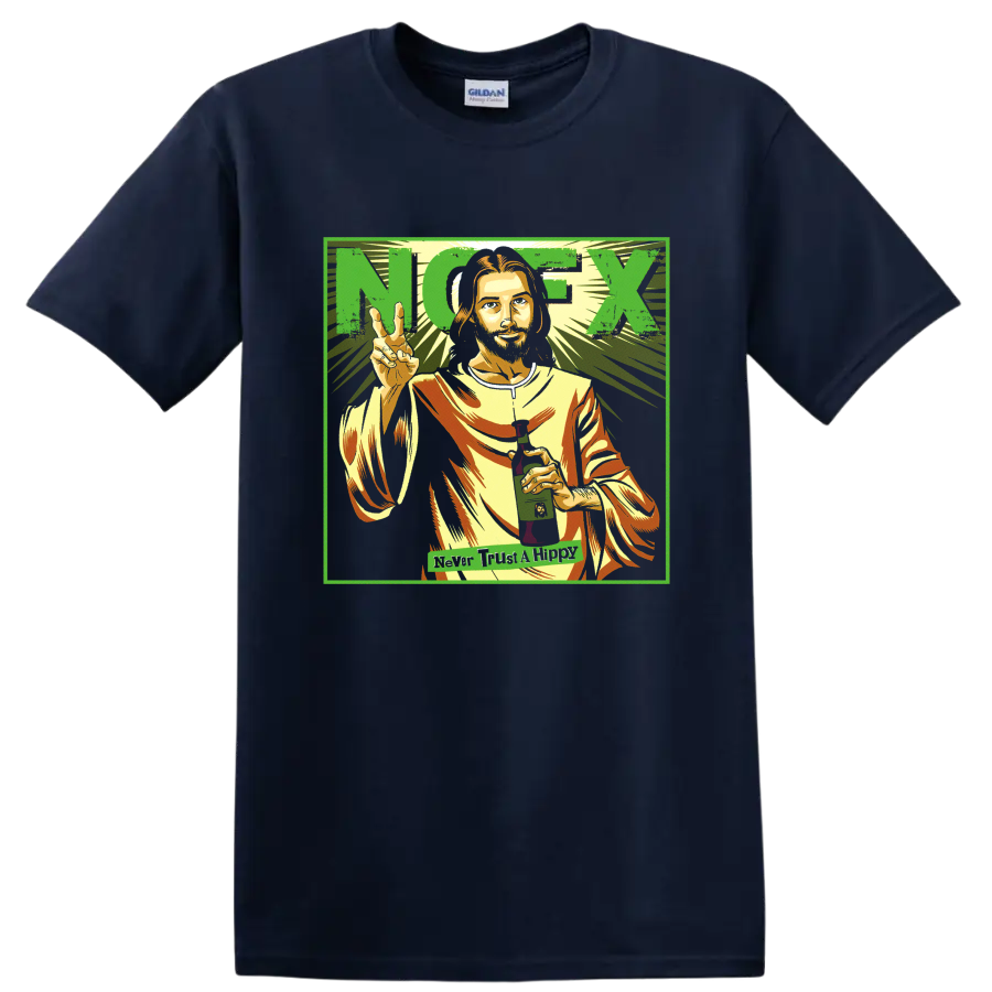 NOFX punk rock portrait graphic with peace sign and bold lettering on a Navy (Blue) T Shirt