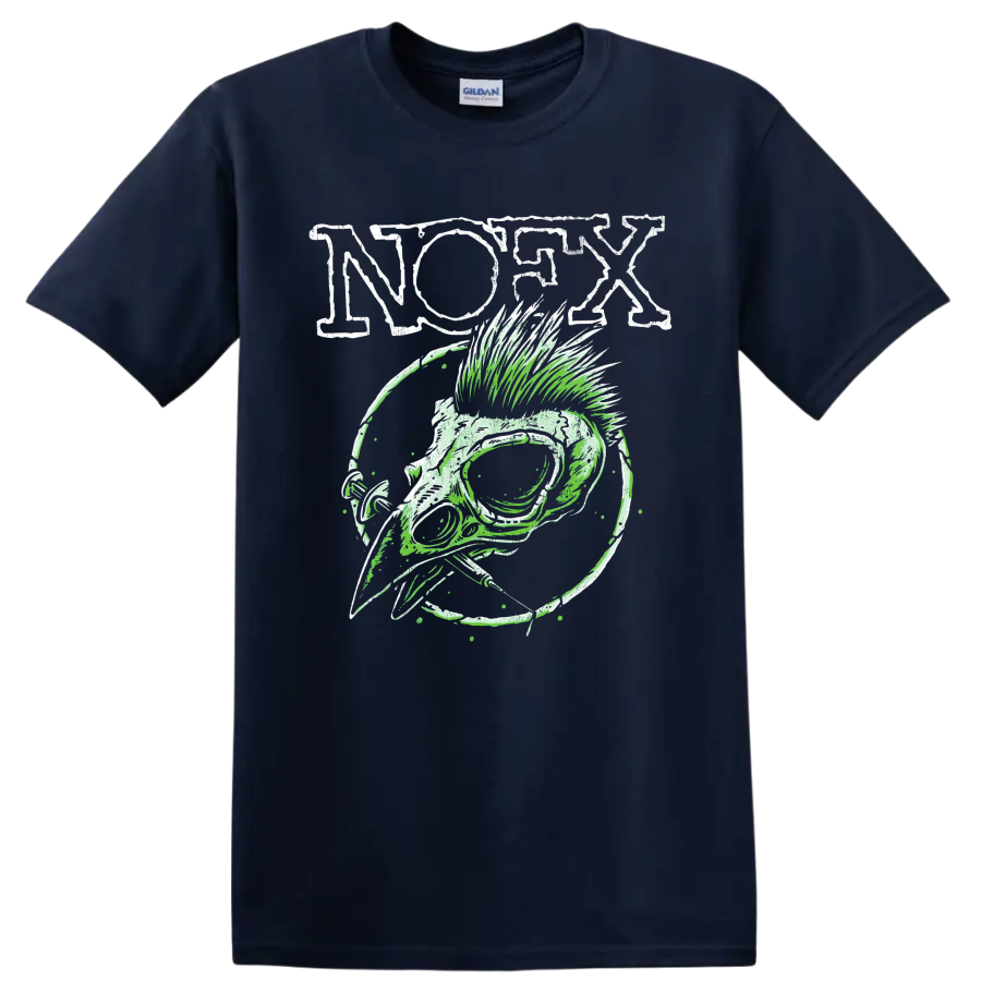 NOFX punk rock skull graphic with distressed lettering and green linework on a Navy (Blue) T Shirt