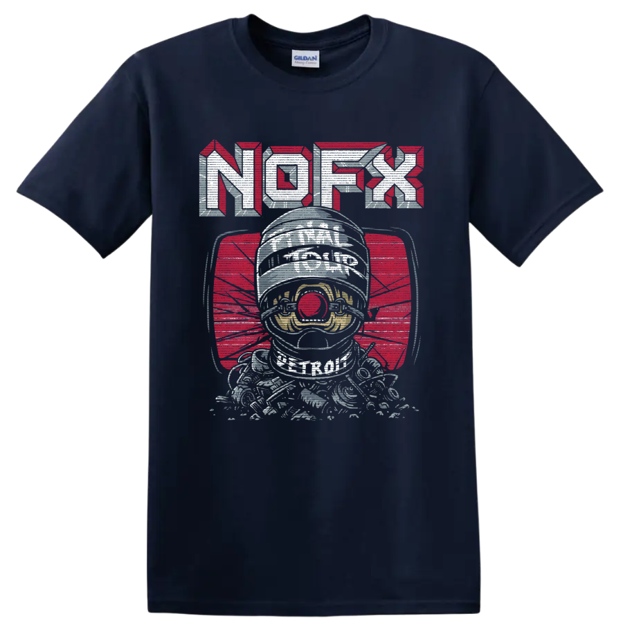 NOFX astronaut graphic with bold red and silver punk rock lettering on a Navy (Blue) T Shirt