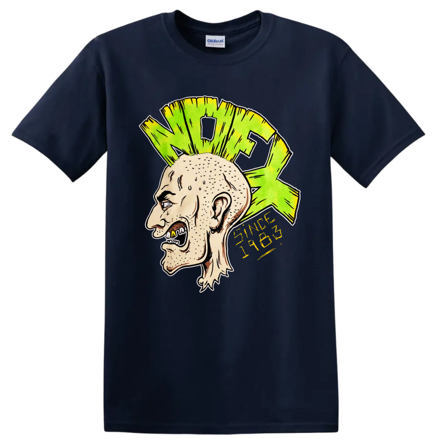 NOFX punk rock illustrated head with bright green mohawk and yellow lettering on a Navy (Blue) T Shirt