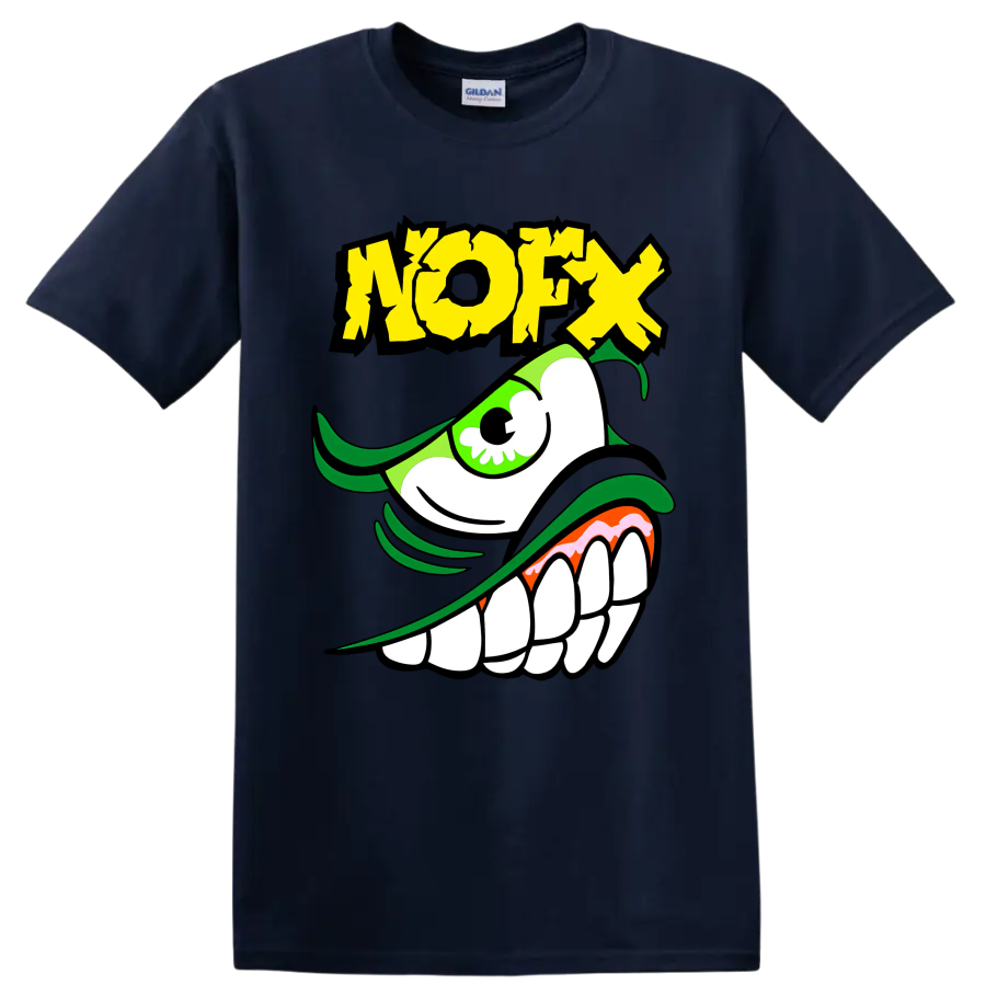 NOFX green monster punk rock graphic with distressed yellow lettering on a Navy (Blue) T Shirt