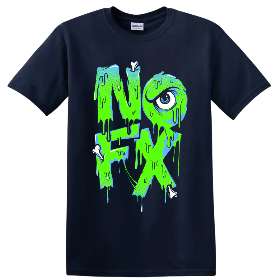 NOFX dripping punk rock band logo in neon green and blue on a Navy (Blue) T Shirt