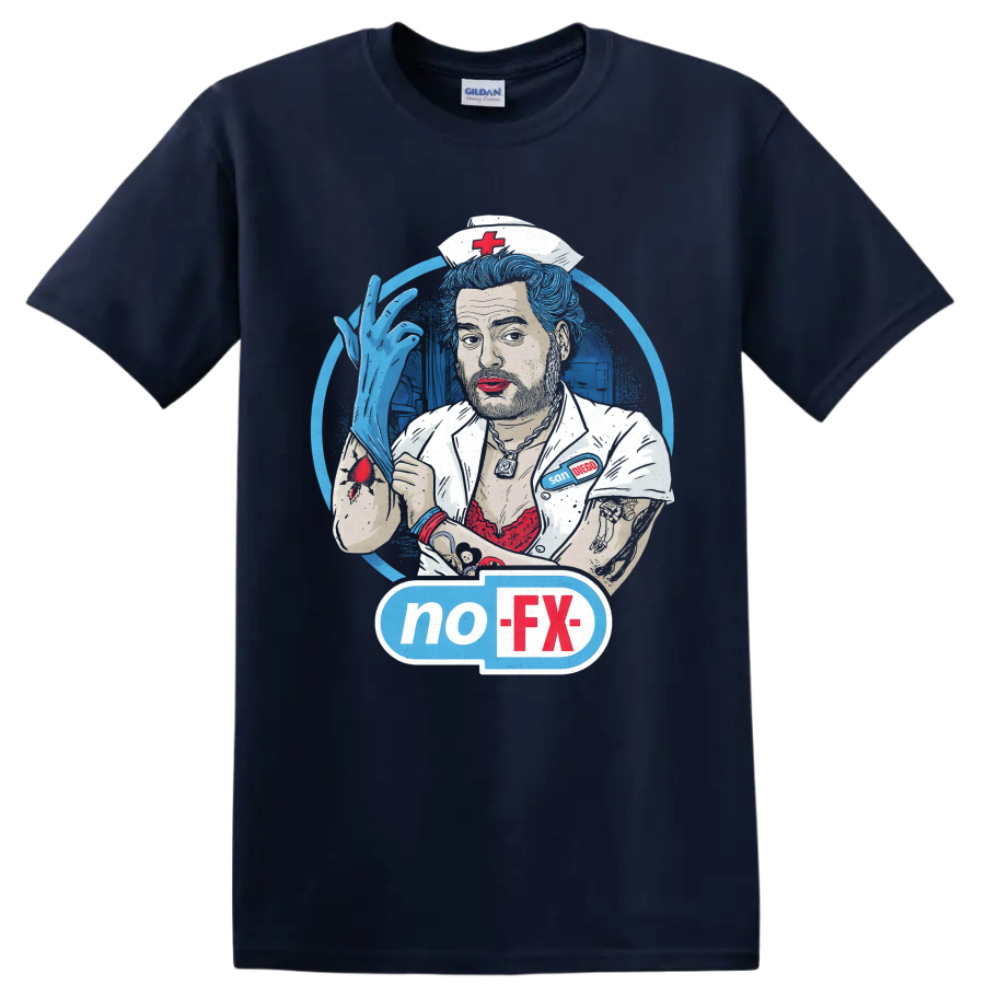 NOFX punk rock nurse illustration with blue hair and no-FX graphic on a Navy (Blue) T Shirt