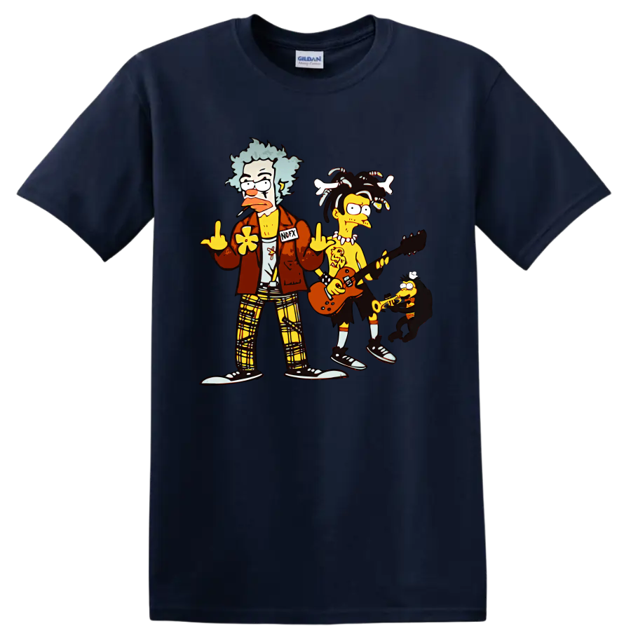 NOFX cartoon punk rock band with guitar and saxophone graphic on a Navy (Blue) T Shirt