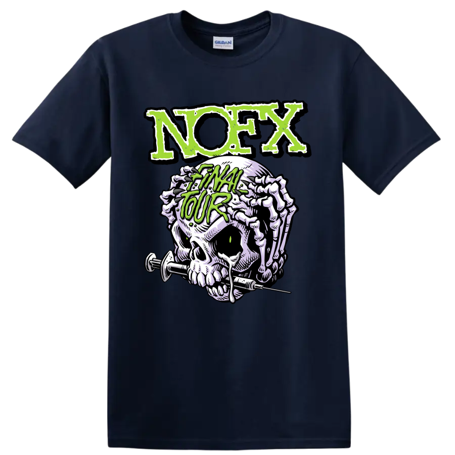 NOFX punk rock skull graphic with distressed green lettering on a Navy (Blue) T Shirt