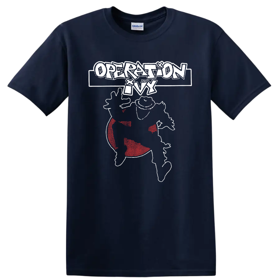 Operation Ivy punk rock graphic with distressed white lettering and red accents on a Navy (Blue) T Shirt