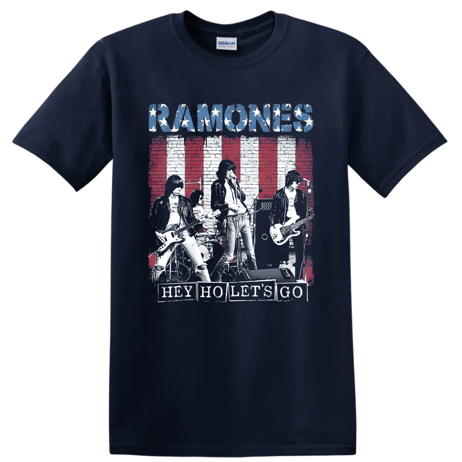 Ramones distressed punk rock graphic with stars, musicians, and striped backdrop on a Navy (Blue) T Shirt
