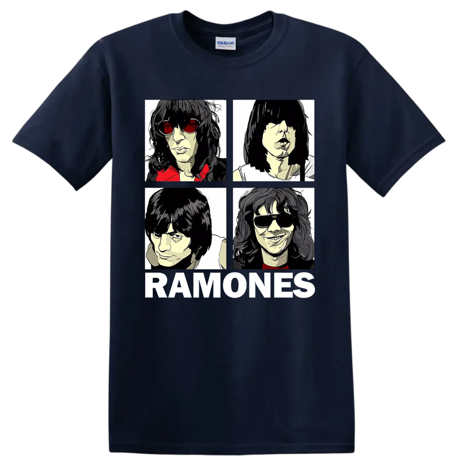 Ramones four-panel punk rock portraits with RAMONES lettering on a Navy (Blue) T Shirt
