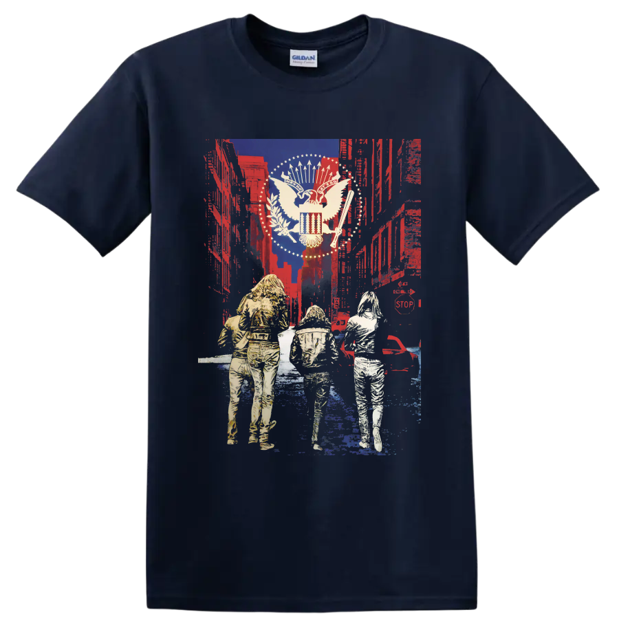 Ramones punk rock eagle graphic with distressed patriotic collage and three figures on a Navy (Blue) T Shirt