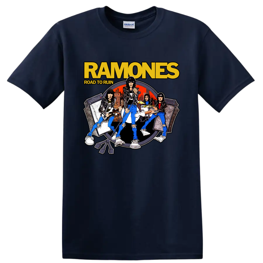 Ramones Road to Ruin illustrated punk rock band graphic print on a Navy (Blue) T Shirt