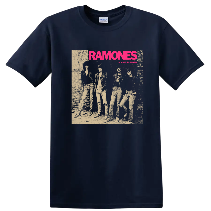 Ramones punk rock band graphic with bold pink lettering and performer collage on a Navy (Blue) T Shirt