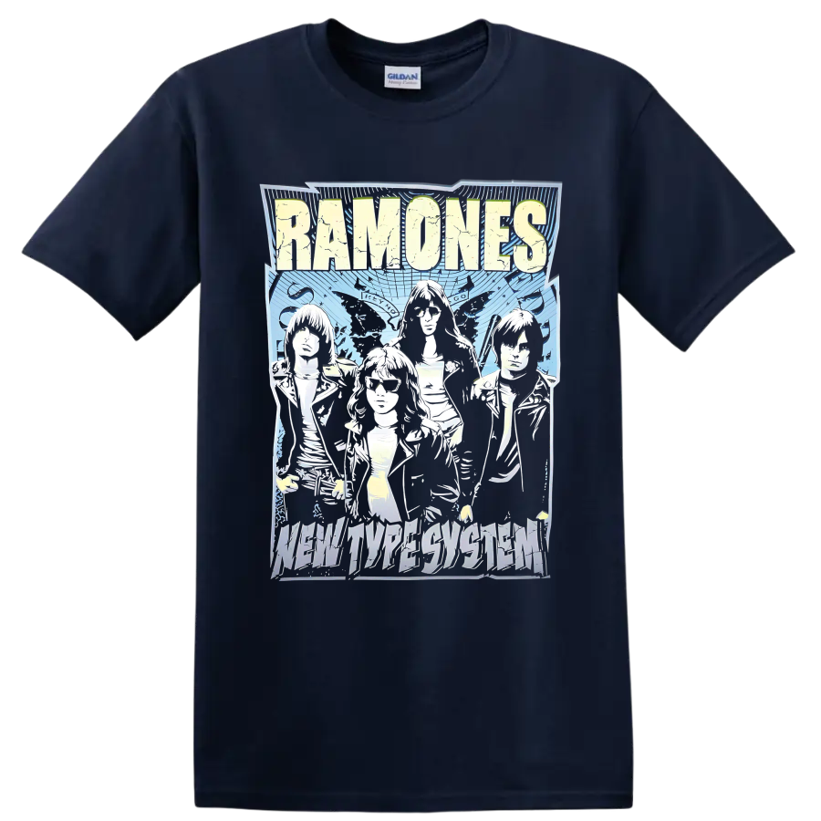 Ramones punk rock band graphic with illustrated portraits and bold lettering on a Navy (Blue) T Shirt