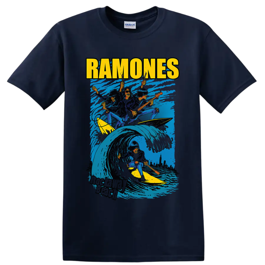Ramones punk rock band surfing wave graphic with guitars on a Navy (Blue) T Shirt