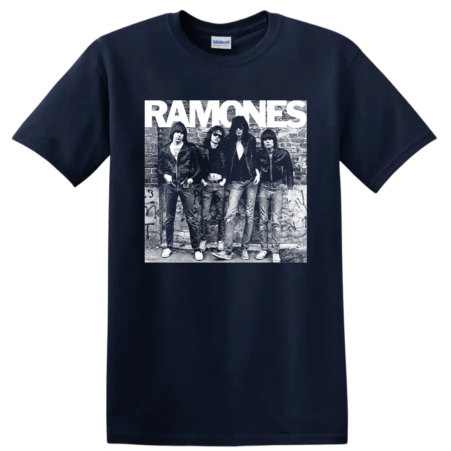 Ramones punk rock band distressed black-and-white graphic print on a Navy (Blue) T Shirt