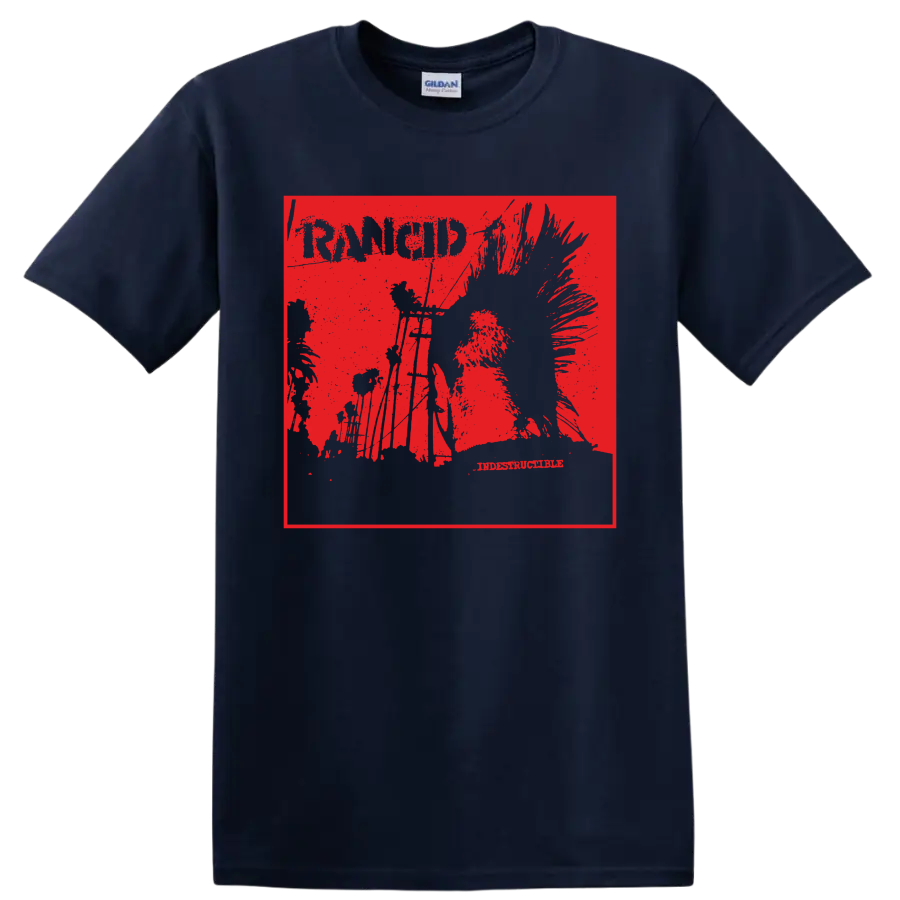 Rancid punk rock distressed graphic with bold band lettering on a Navy (Blue) T Shirt