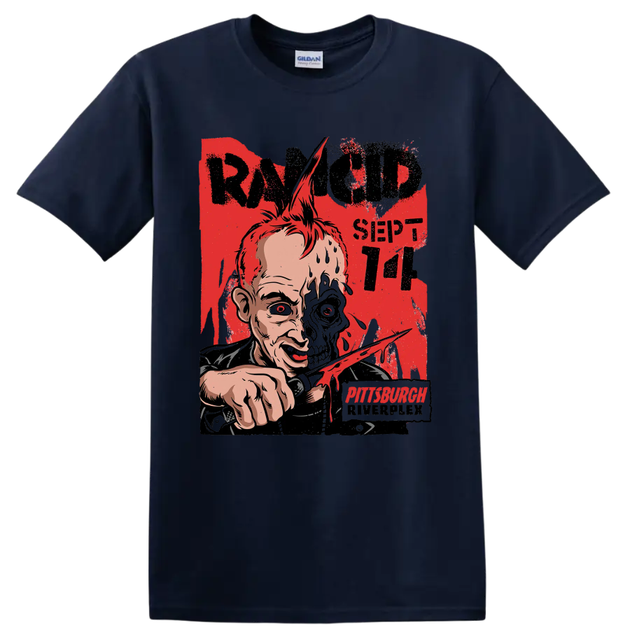 Rancid punk rock distressed half-skull artwork with Pittsburgh lettering on a Navy (Blue) T Shirt