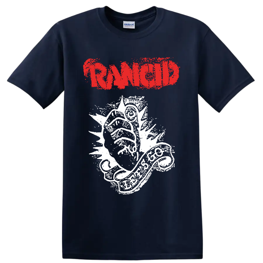 Rancid distressed red logo with white punk rock illustration on a Navy (Blue) T Shirt
