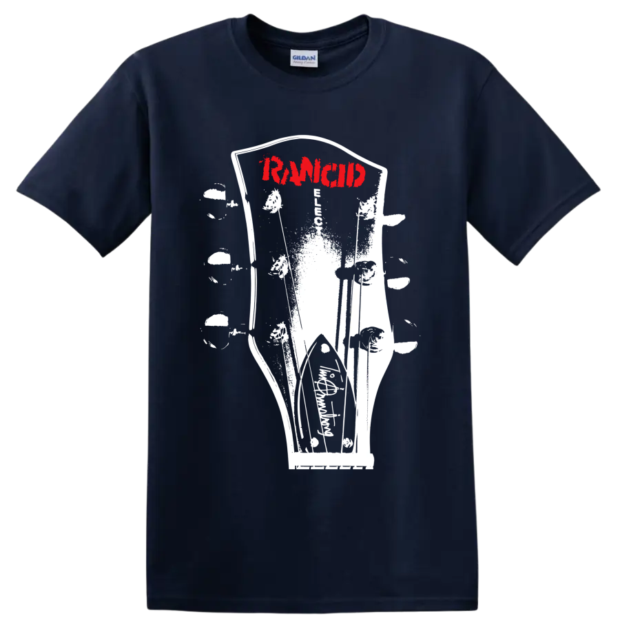 Rancid punk rock band red logo with distressed black-and-white graphic on a Navy (Blue) T Shirt