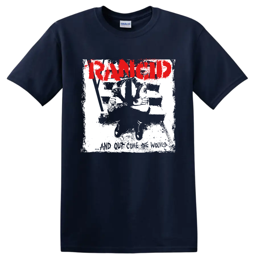 Distressed red Rancid logo with black and white punk artwork on a Navy (Blue) T Shirt