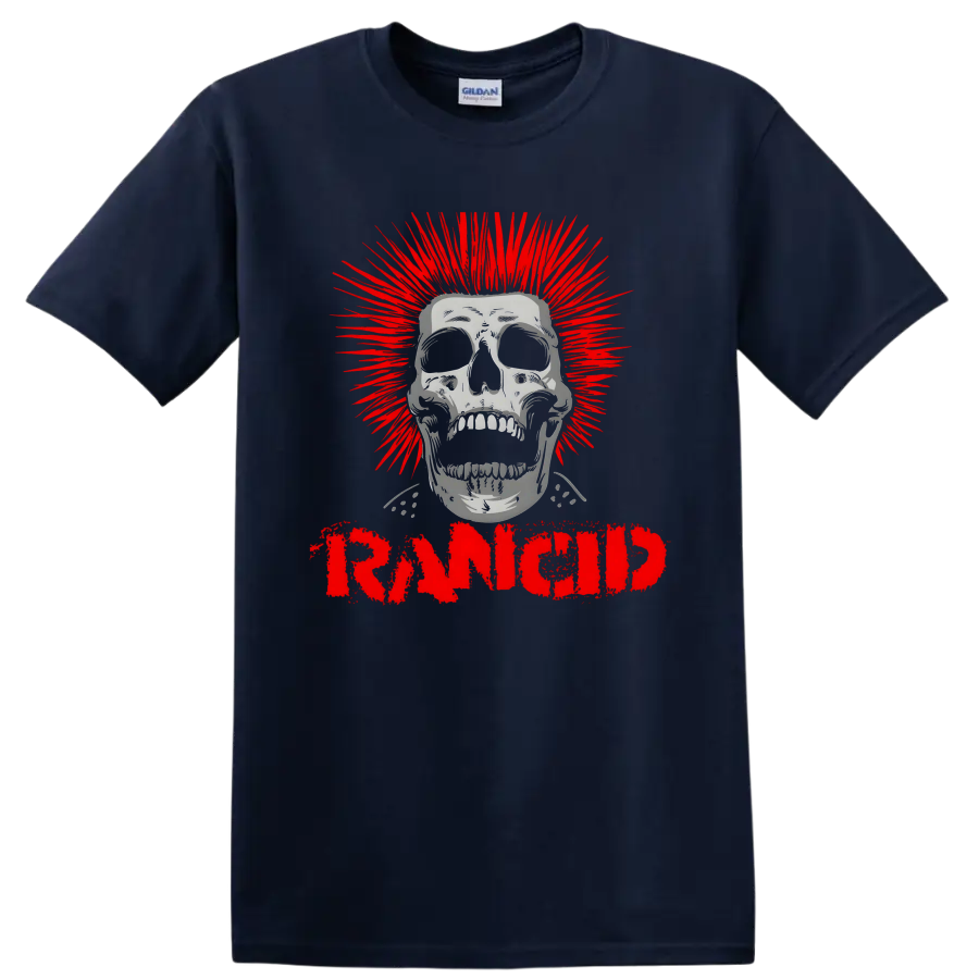 Rancid distressed skull graphic with red burst and bold lettering on a Navy (Blue) T Shirt