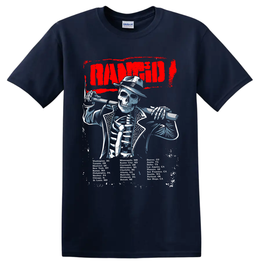 Rancid skeleton musician graphic with bold red lettering on a Navy (Blue) T Shirt
