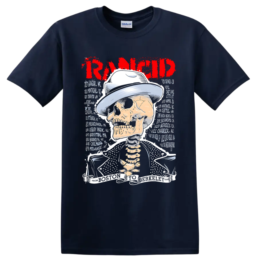 Rancid punk rock skull graphic with distressed red band lettering on a Navy (Blue) T Shirt
